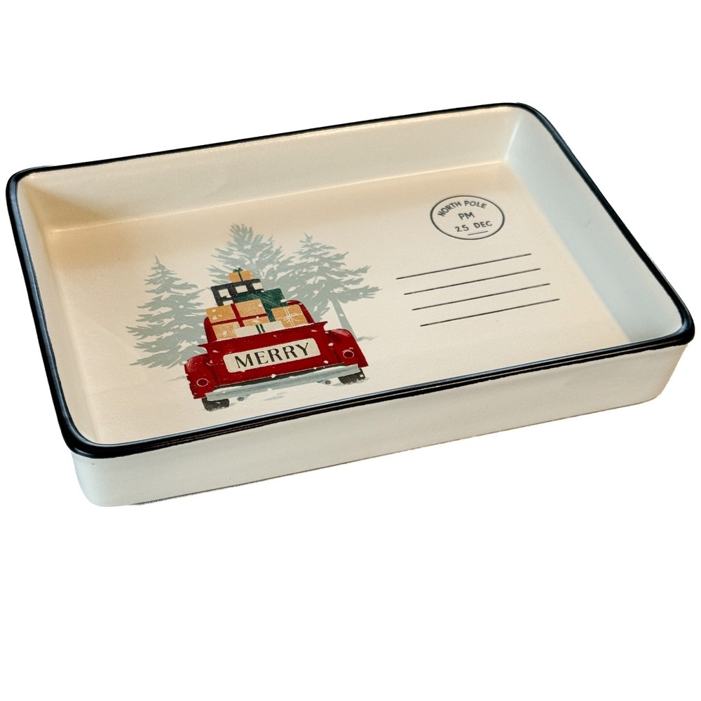 Hallmark Merry Christmas Postcard Dish 2023 Red Truck North Pole Ceramic Tray
